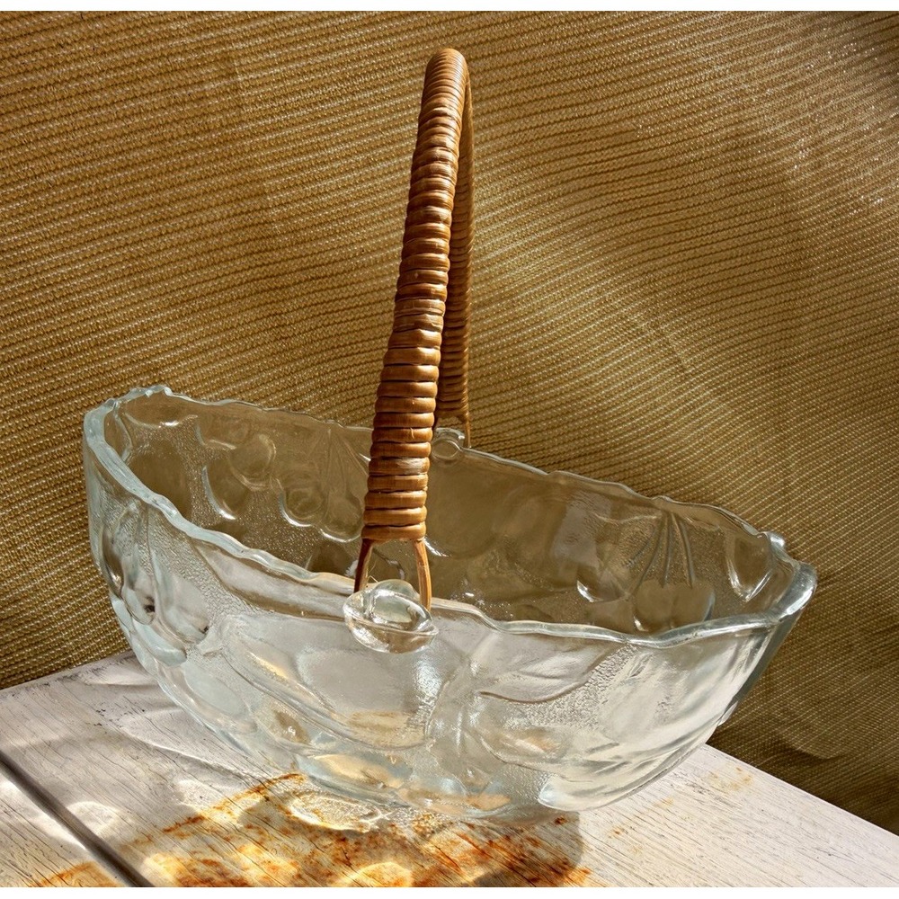 Clear Glass Leaf Pattern Serving Bowl with Woven Handle, Oval